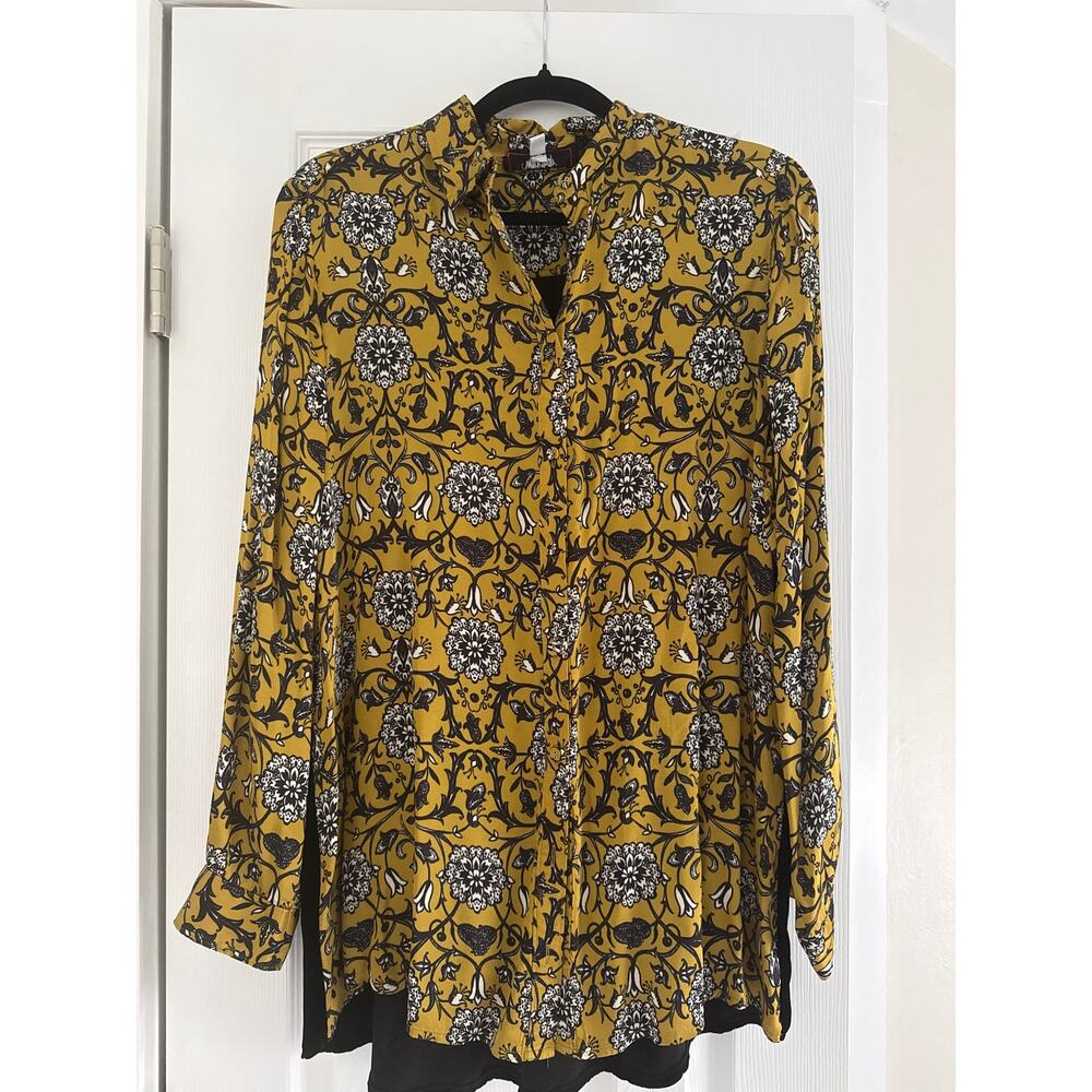Johnny Was Silk Velvet Trim Mustard Floral Boho Button Front Blouse Top Like New